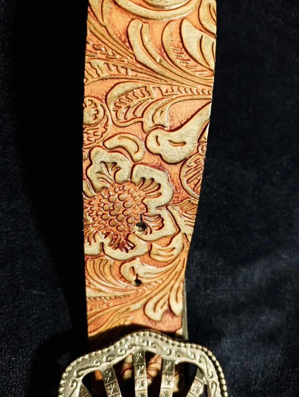 Vintage 90s Streets Ahead Leather Belt Large Western Tooled Coral Rhinestone
